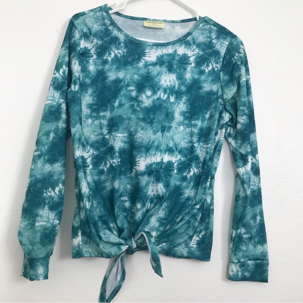 Blue Tie Dye Bobbie Brooks Shirt for Women with Knot Tie on bottom (small)